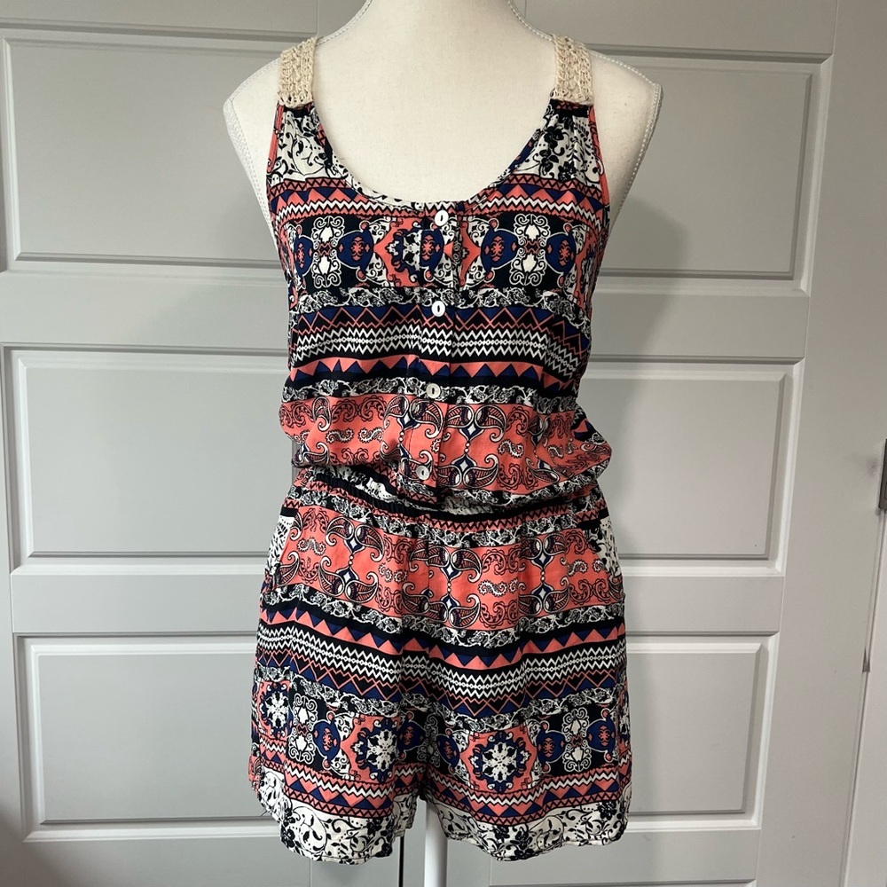Alya Printed Romper‎ Racerback Crochet Straps Bohemian Chic Summer Outfit Small